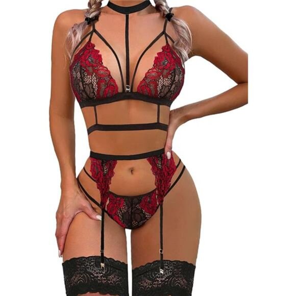 "New Lace Garter Teddy Set w/ Strappy Bra, Panty & Choker – No Stockings" - Picture 6 of 6